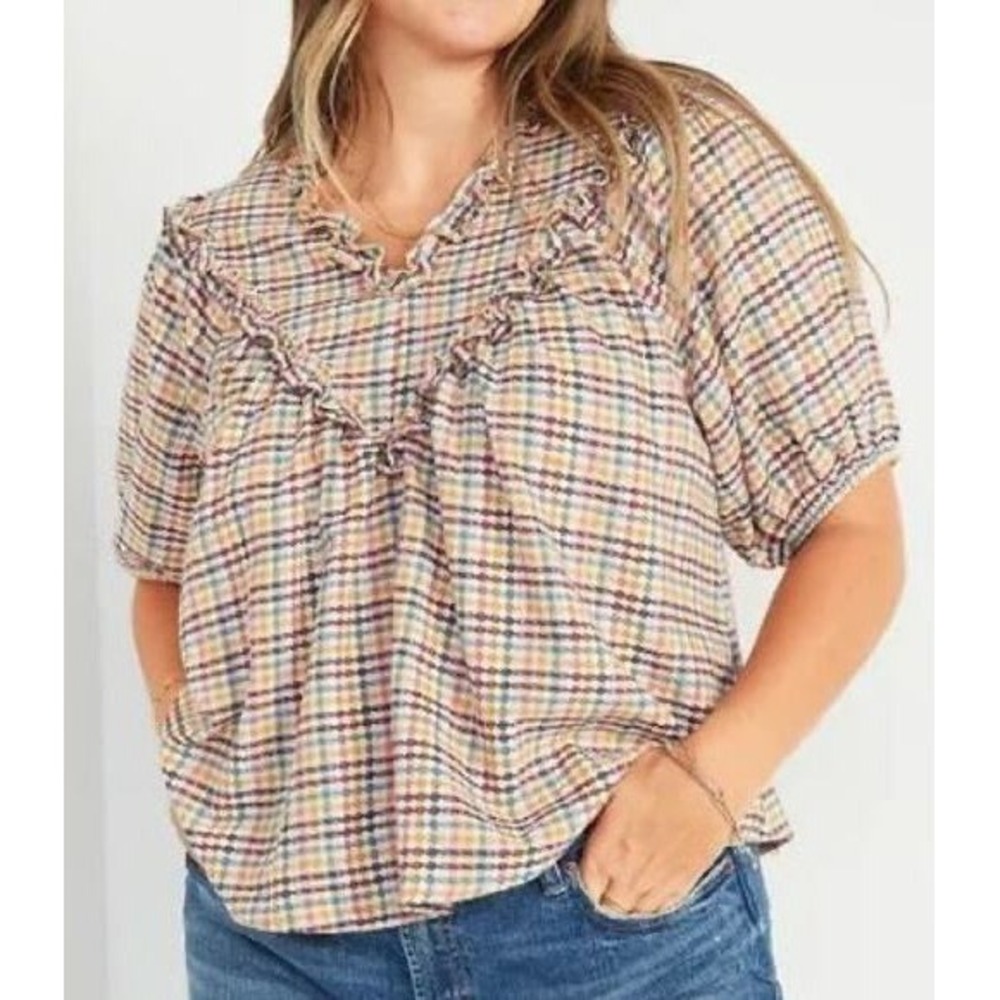 Old Navy‎ Ruffle Dobby Gingham Top Women Medium White Cotton Puff Sleeve Cotton